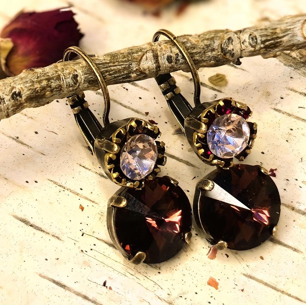 Burgundy Maroon Flower Swarovski Crystal In Two Stone Drop Brass Earrings